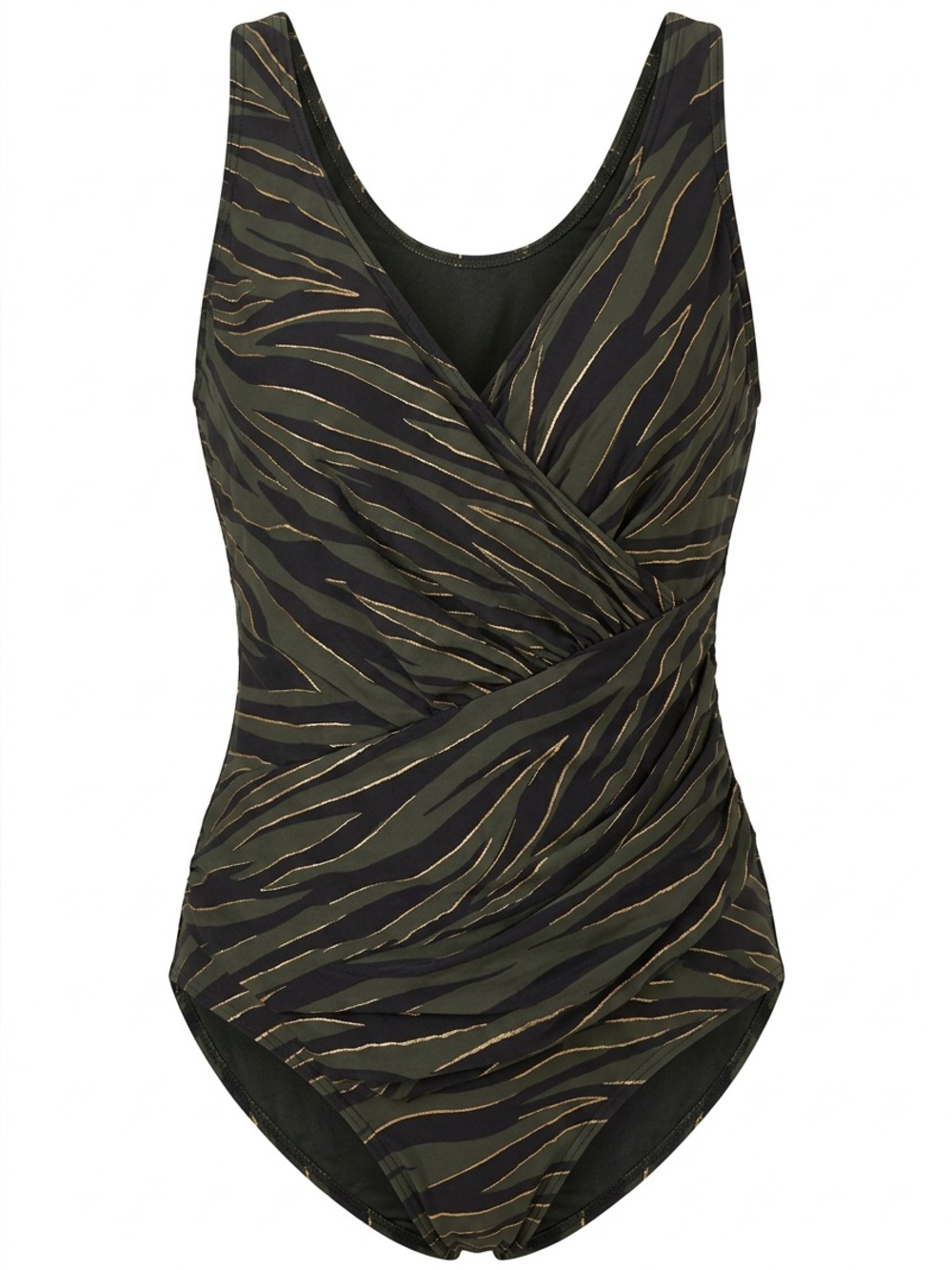 Miraclesuit Women’s Olive, Gold & Black Wrap One-Piece Swimsuit with Gold Stripe